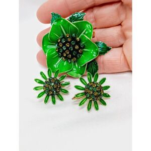 Vintage Green Enamel Rhinestones Flower Brooch & Earrings